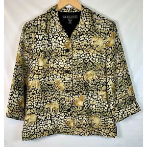 SilkLand Collection Silk Yellow Black Green Elephant Print Button Jacket Size 4